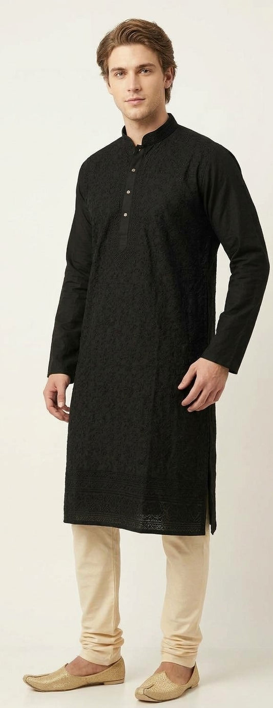 Black Cotton Men's Chikankari Kurta Pajama Set - Clearance