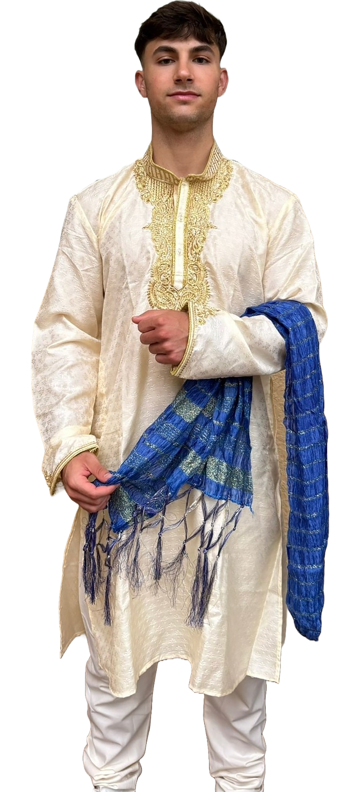 Blue Men's  Festive Crushed Silk Dupatta Shawl with Gold Accents