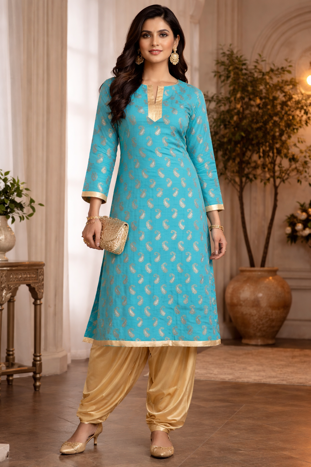 Vibrant turquoise kurta with gold details Plus size 50 Long sleeves