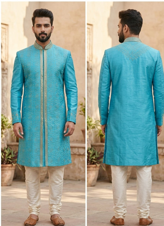 Men’s Blue Silk Sherwani with Matching Dupatta