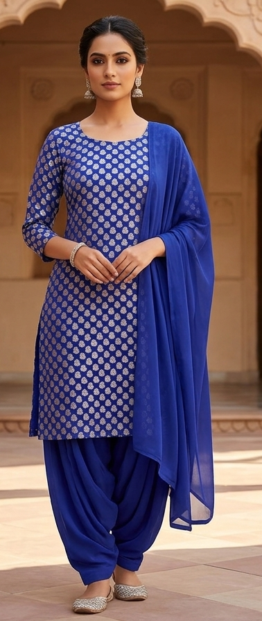 Regal Royal Blue & Silver Paisley Woven Salwar Suit Set with Matching Dupatta (Chest Size: 48")