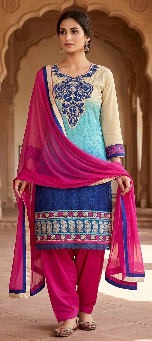 Royal Blue & Turquoise Ombre Embroidered Suit Set with Vibrant Pink Salwar & Dupatta (Chest Size: 48")