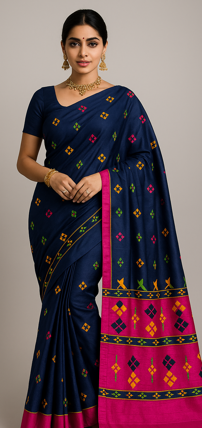 Navy blue Patola silk saree with multicolor geometric diamond butti weave and bold pink woven border and pallu, paired with matching navy blue blouse, worn by a model