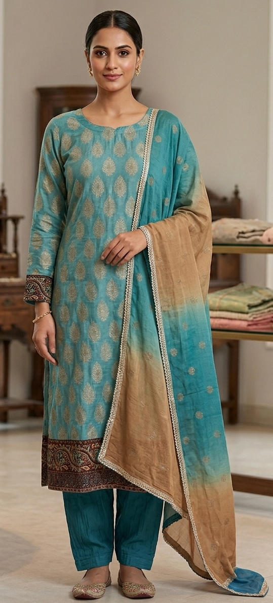 Blue Brocade  Indian wedding Party wear salwar kameez plus chest size 50
