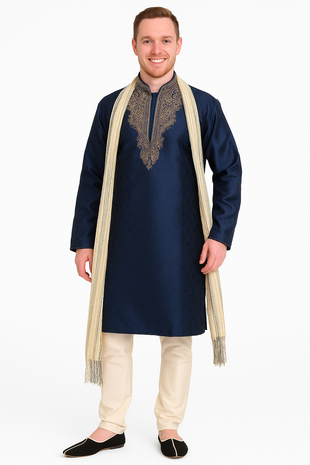 Men's Blue Kurta Pajama Set with Shawl for Weddings | Plus Sizes up to 8XL | Ships from US