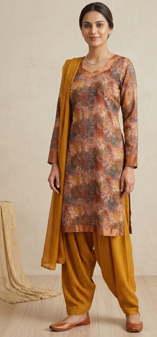 Brown Long sleeves Printed salwar kameez Plus size 50