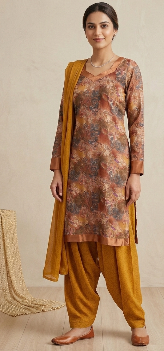 Brown Long sleeves Printed salwar kameez Plus size 50