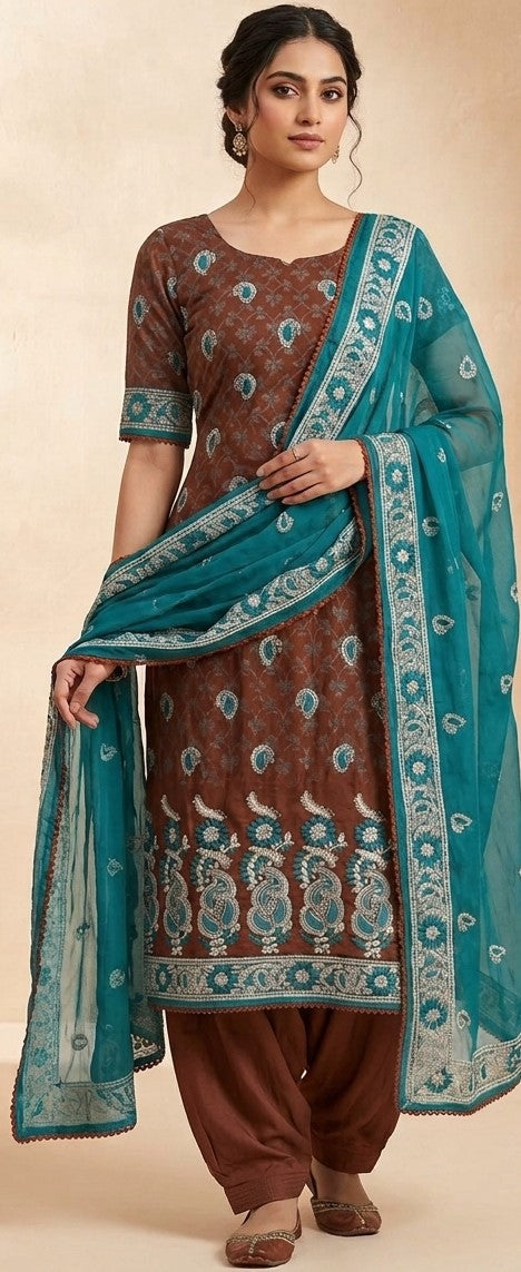 Brown cotton plus size salwar kameez with teal embroidered dupatta – chest size 56, Indian ethnic wear