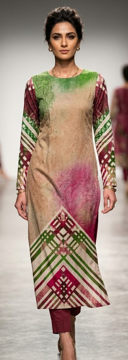 Long-sleeve cotton kurta in beige, burgundy, pink and green with geometric patterned sleeves and hem