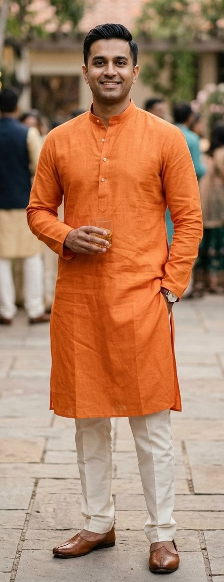 Men's orange cotton kurta with white pajama - XS and Small sizes