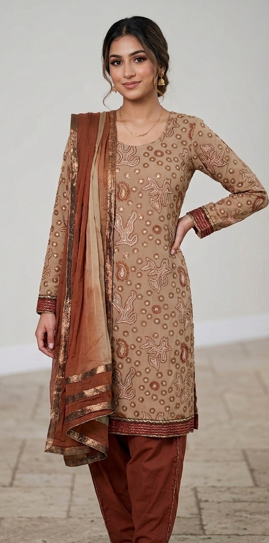 Brown Embroidered Cotton salwar kameez dress plus chest size 50 Long sleeves