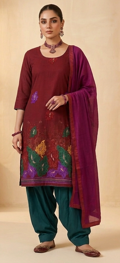 Burgundy Embroidered Cotton Salwar kameez plus chest size 50