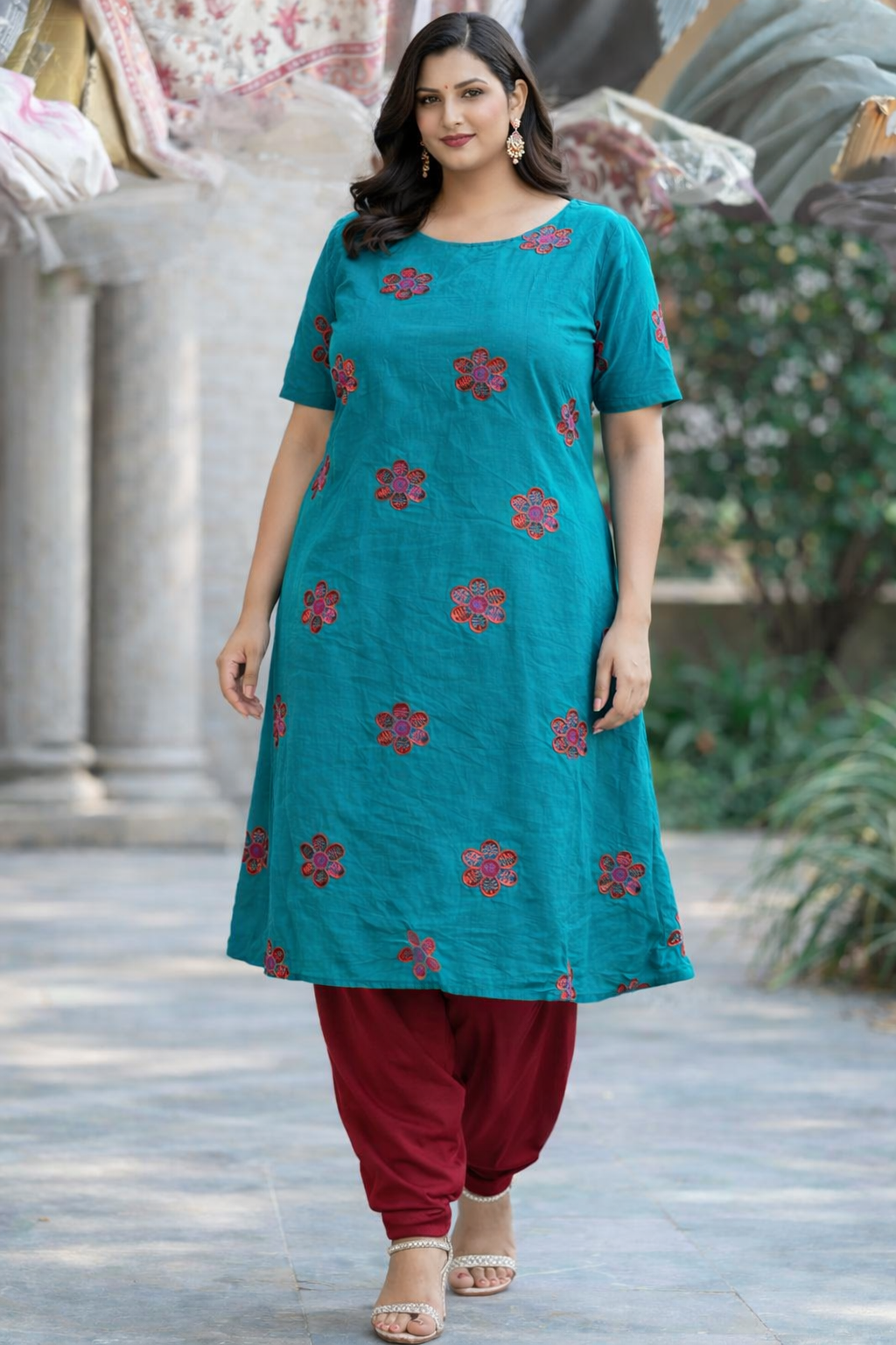 Blue Cotton Embroidered Salwar kameez dress Plus size 52