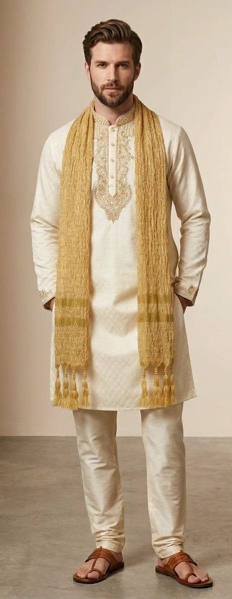 Cream men's kurta with gold-tone neckline detailing and included gold dupatta