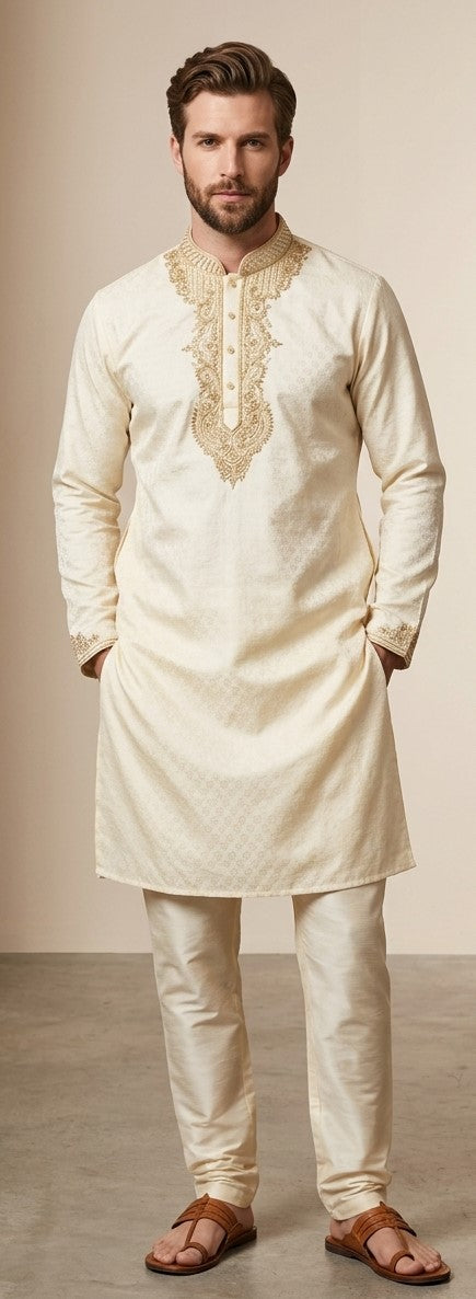 Front view of cream men's kurta with gold-tone collar, neckline, and cuff detailing