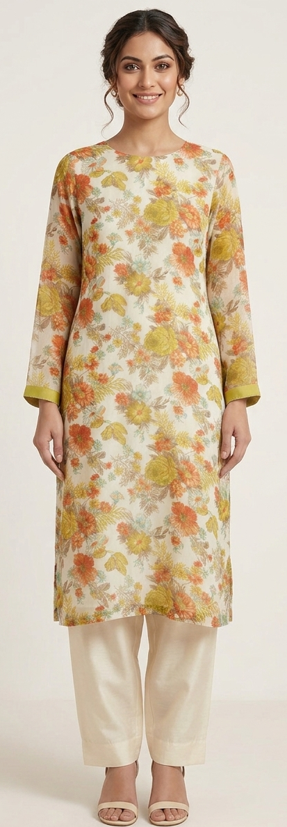 Cream Printed Floral long sleeves salwar kameez with Dupatta plus chest size 50
