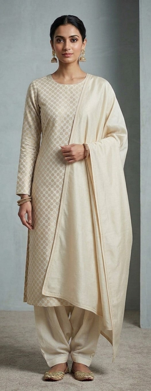 Model wearing a cream patterned long-sleeve dress styled with cream pants and a draped cream dupatta.