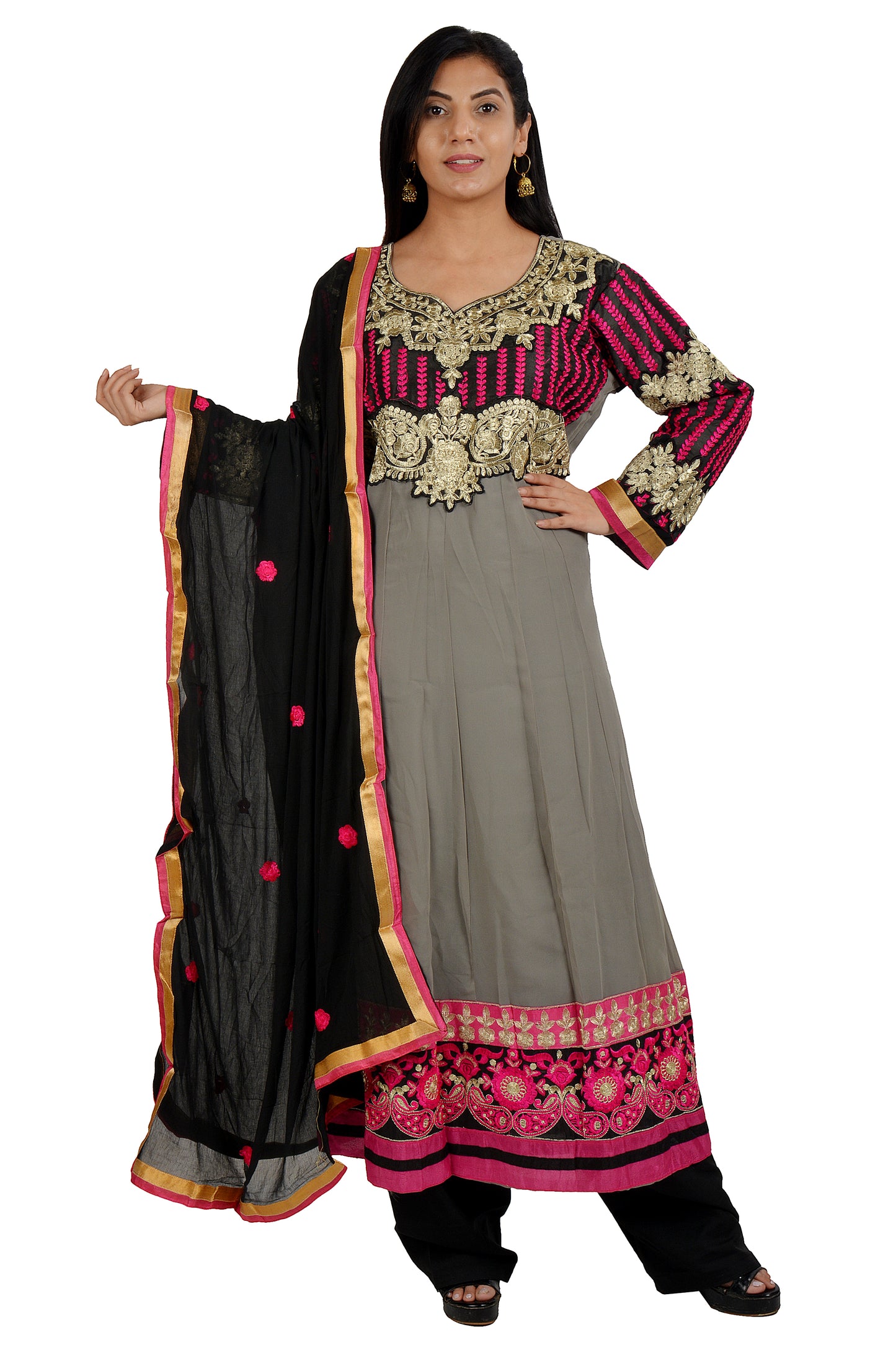 Gray Salwar kameez  dress Anarkali Gown Indian wedding party wear Embroidered Chest size 44 XL
