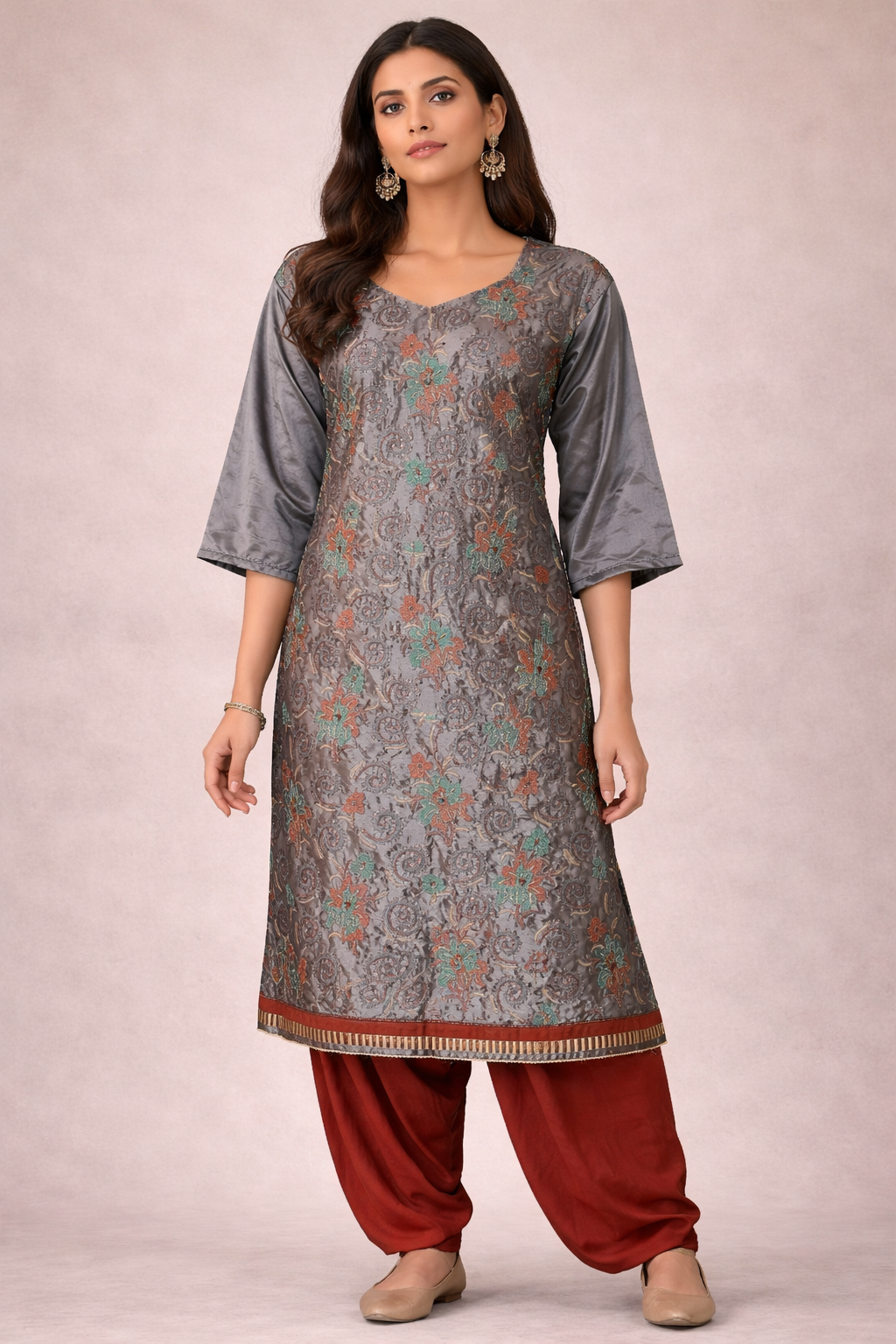 Gray Embroidered  salwar kameez Dupatta chest size 46 Xlarge