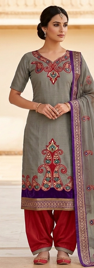 Muted Grey & Crimson Red Embroidered Silk-Blend Salwar Suit Set with Dupatta (Chest Size: 44"