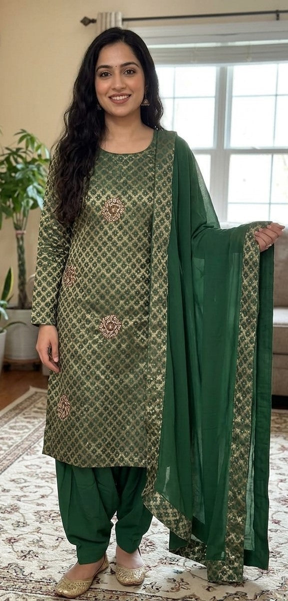 Mustard embroidered three-piece plus size dress with matching dupatta