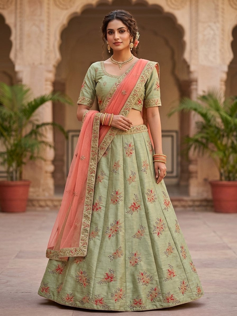 Sage-green lehenga choli with heavy beading, gold-toned trim, and coral-pink dupatta