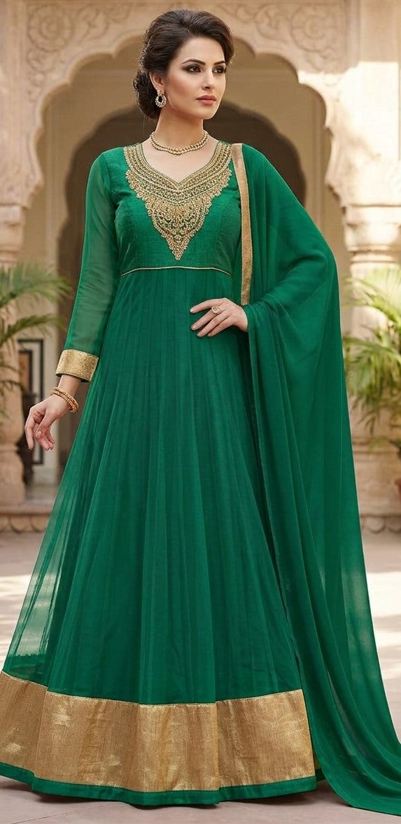 Green long Anarkali with ornate gold-tone neckline, gold-tone hem border and matching green dupatta, size 40 Medium