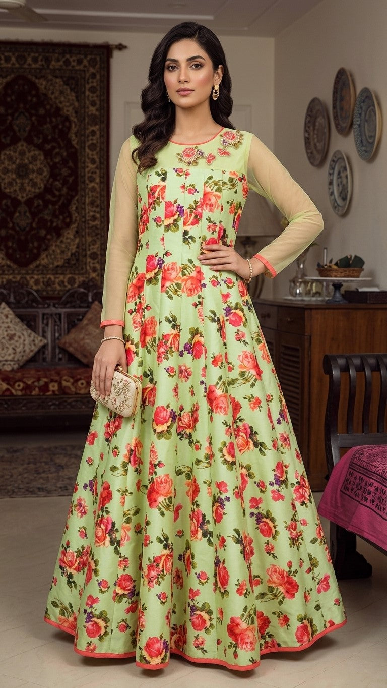 Mint green floral anarkali gown with matching dupatta - full length view
