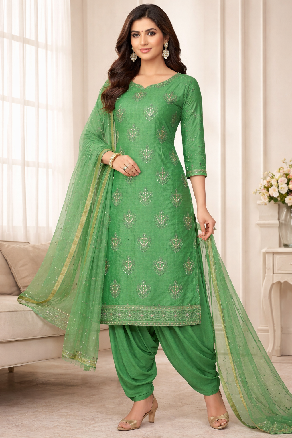 Green Embroidered Salwar kameez Dress Plus chest size 50