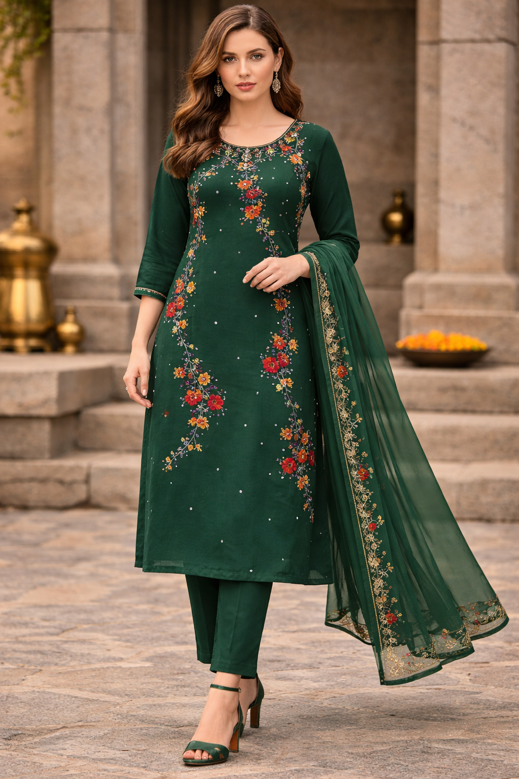Green Embroidered  salwar kameez Dupatta chest size 40