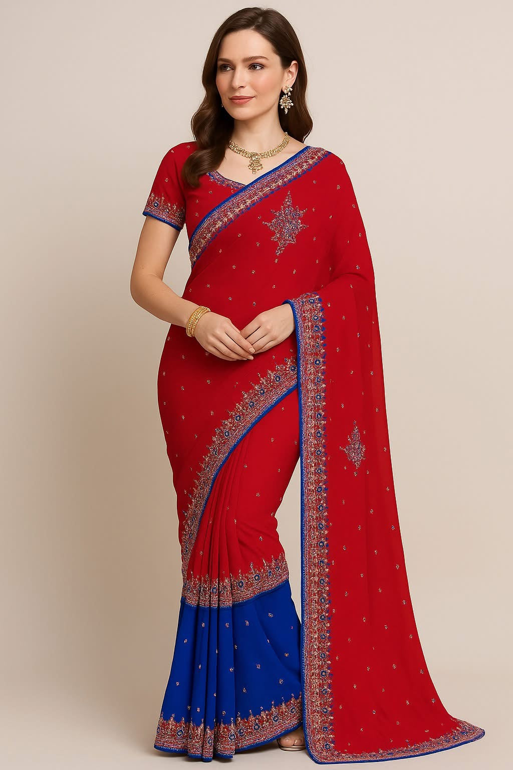 Red blue  saree beaded Indian Wedding party wear with blouse