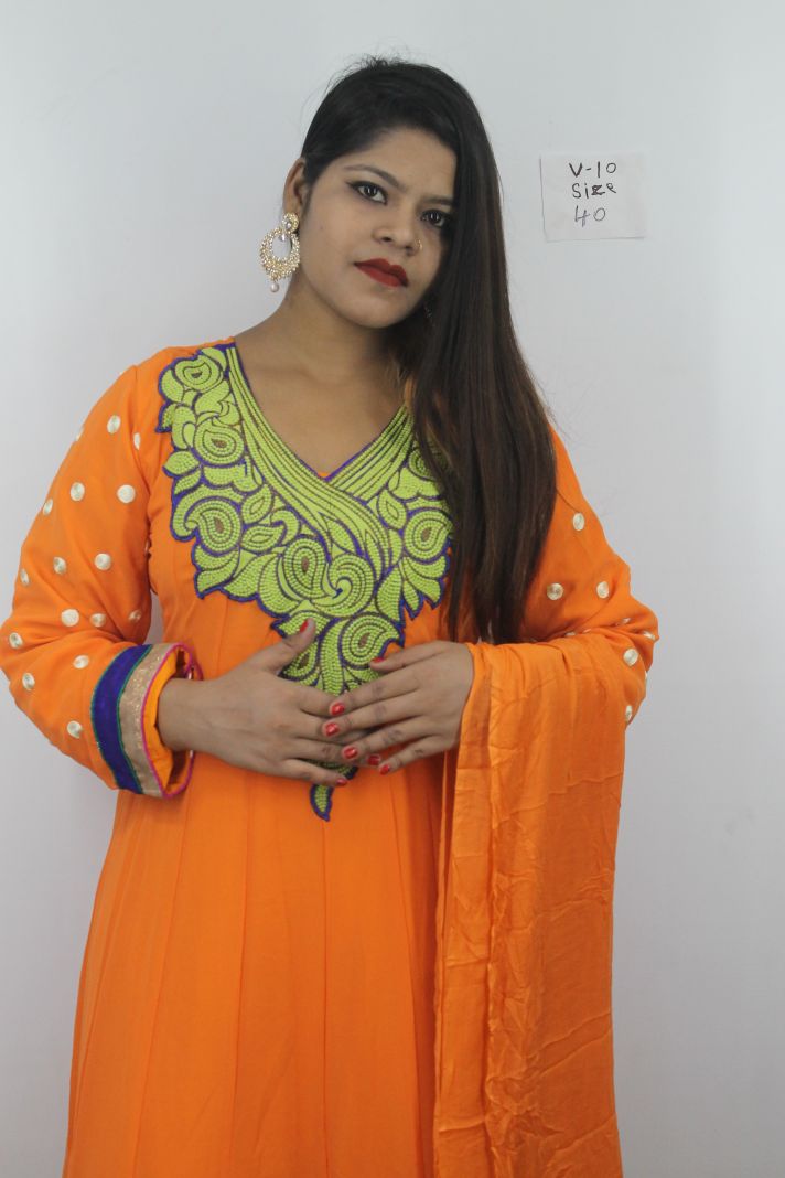 Orange Anarkali Salwar kameez Dress Indian wedding party wear Size XX small Chest size 34