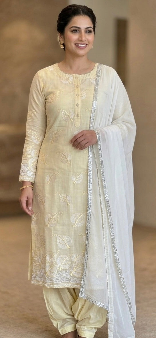 Yellow Salwar kameez cotton plus chest size 50 long sleeves