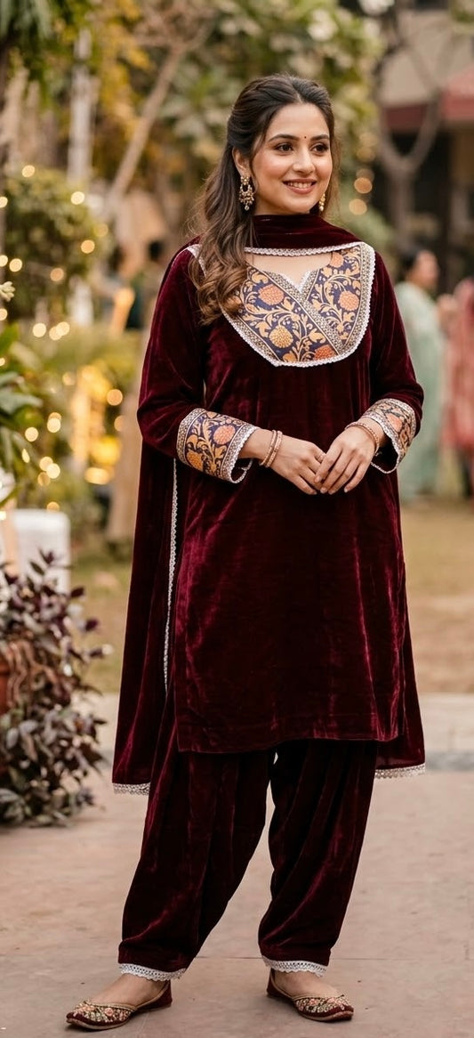Maroon Velvet Palazzo Set – Medium, Size 40