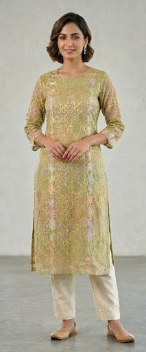 Light olive embroidered kameez with a round neckline and three-quarter sleeves, shown with cream trousers