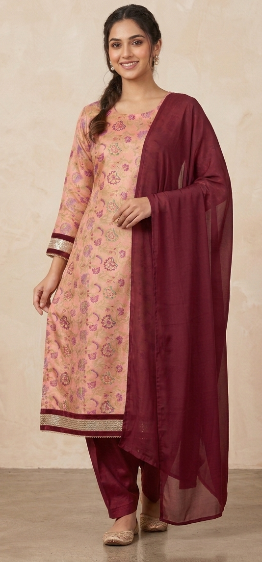 Elegant Peach Brocade Kameez with Burgundy Accents Chest size 42 Medium