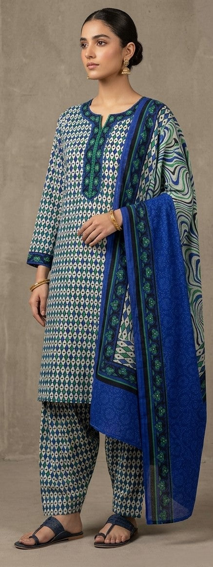 Blue and teal geometric print salwar kameez set with royal blue dupatta and palazzo pants