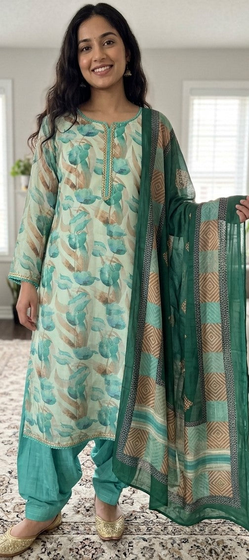 Woman wearing a mint and emerald printed crepe salwar kameez with long sleeves, matching pants, and patterned dupatta