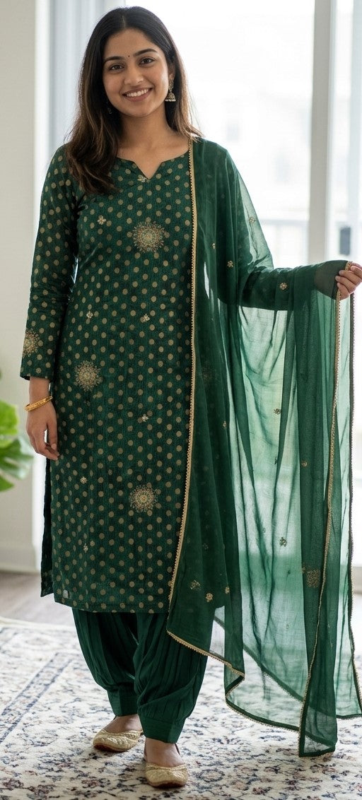 Woman wearing a deep green embroidered brocade salwar kameez with long sleeves, matching pants, and sheer dupatta
