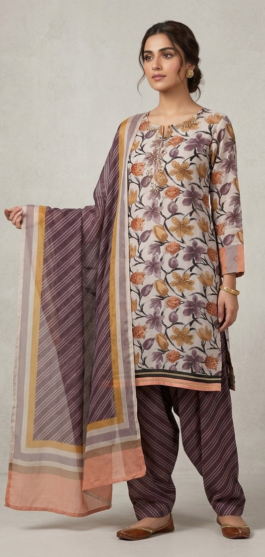 Cream floral print crepe salwar kameez set with striped dupatta and dark brown salwar pants