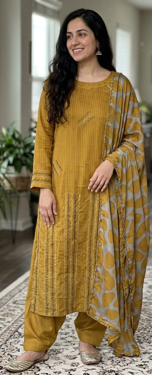 Printed embroidered three-piece plus size dress with matching dupatta