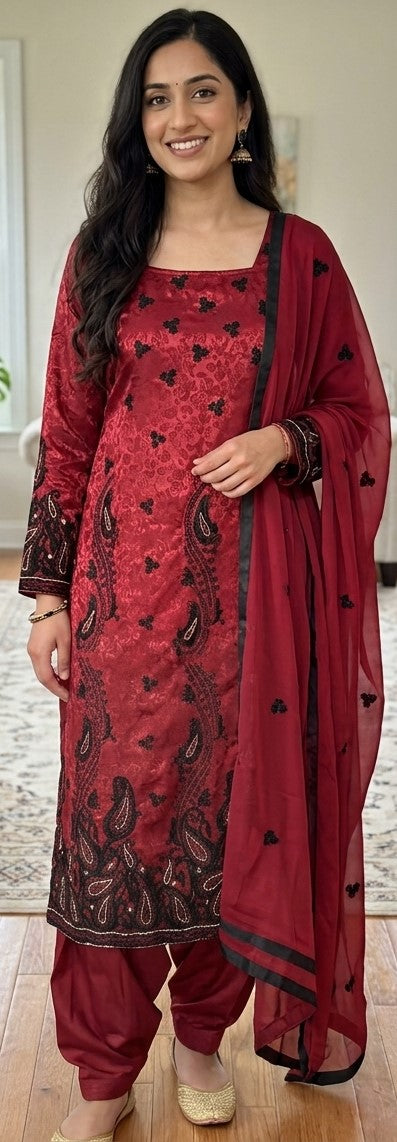 Red embroidered three-piece plus size dress with matching dupatta
