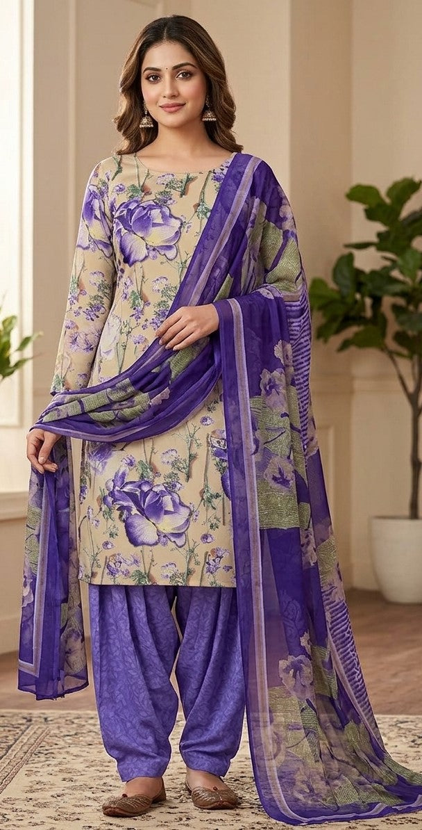 Purple floral long-sleeve crepe salwar kameez for women, Plus Size 50