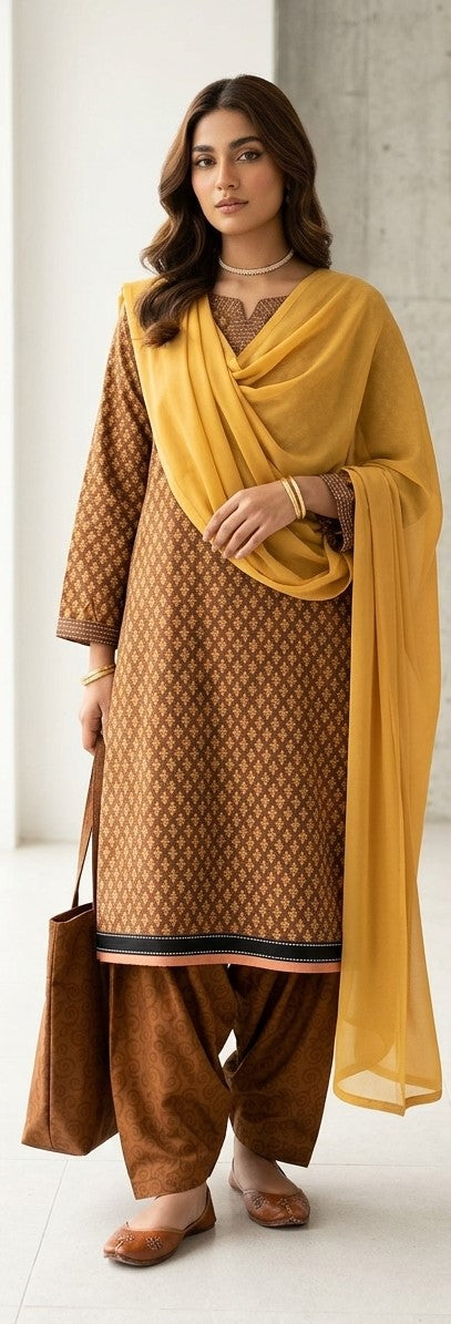 Brown floral buta print salwar kameez set with mustard yellow dupatta and matching salwar pants