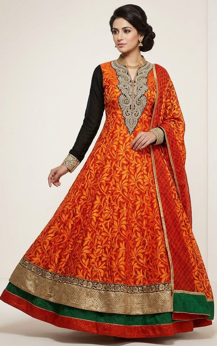 Orange toe-length plus size Anarkali with leafy pattern, black sleeves, gold-tone neckline and matching dupatta, size 50