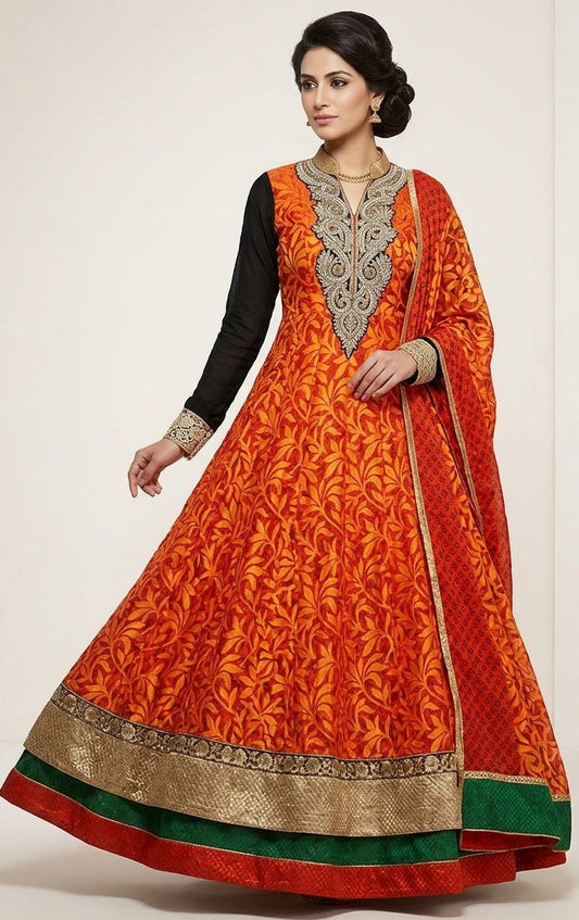 Orange toe-length plus size Anarkali with leafy pattern, black sleeves, gold-tone neckline and matching dupatta, size 50