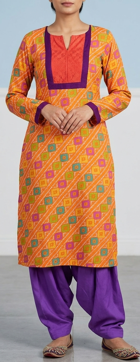 Plus Size Mustard Orange Bandhani Kurta Set with Purple Accents (Size 52)