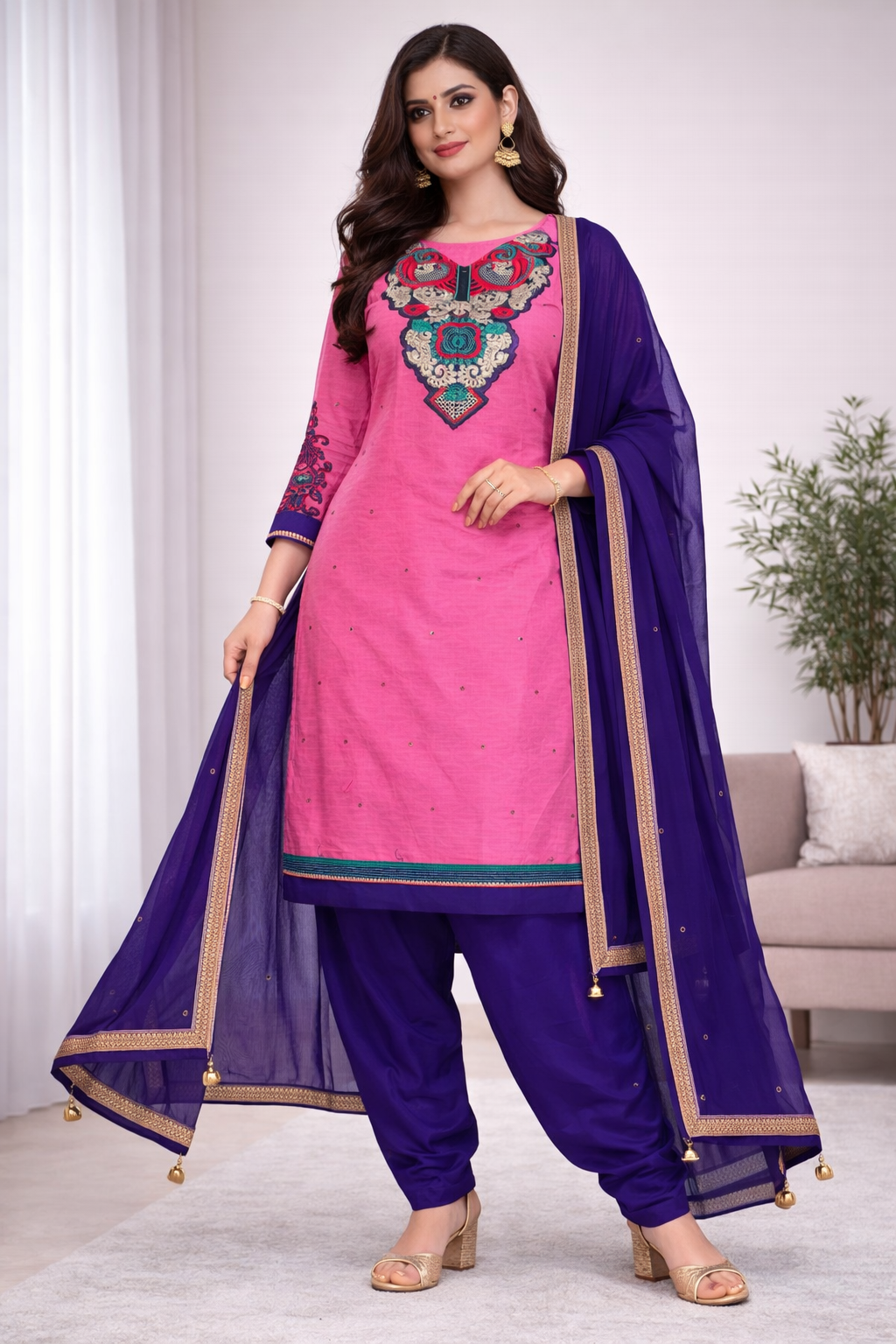 Pink Cotton Plus size 52 Salwar kameez dress Embroidered Long sleeves Indian Wedding Party wear