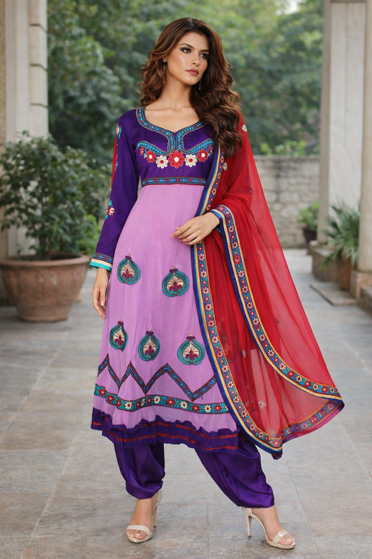 Purple Embroidered Anarkali  Salwar kameez Indian Wedding Party wear Plus chest size 48 long sleeves