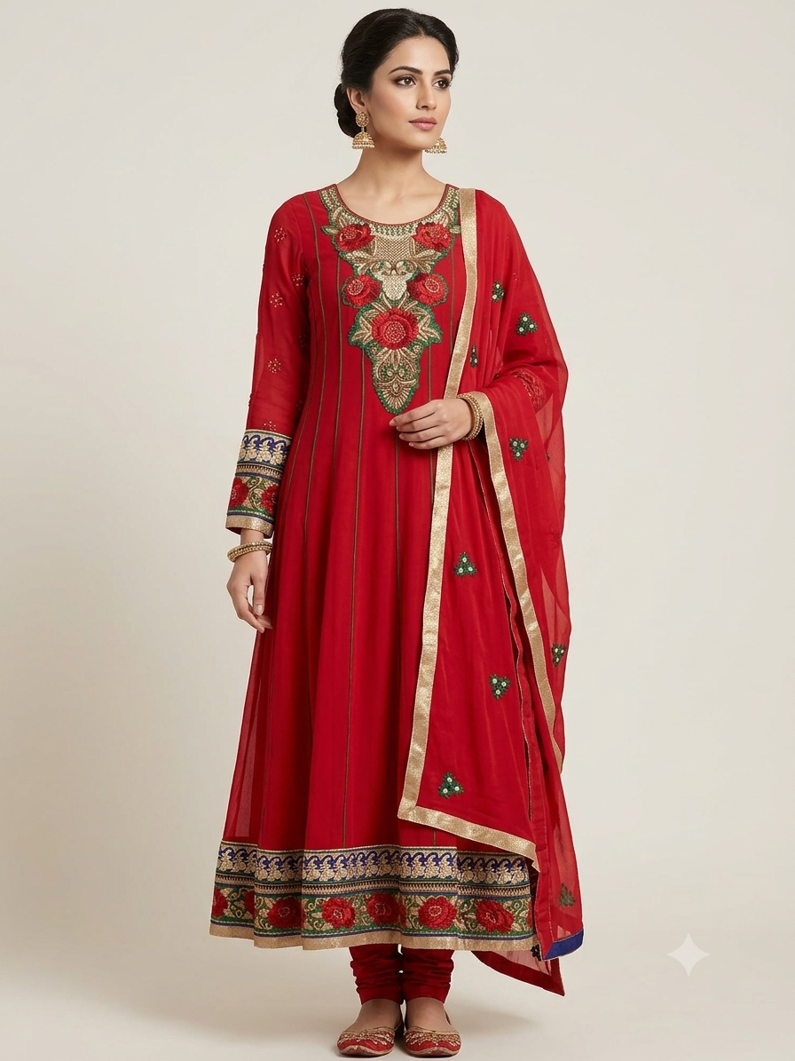 Elegant Red  Anarkali Suit with Heavy Rose Embroidery & Gold Border - Size Medium (40)